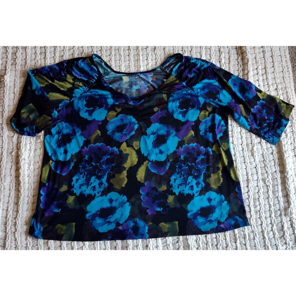 Lane Bryant Floral Blouse Top 26/28 Black Blue 3/4 Sleeve Flower Plus Size Shirt